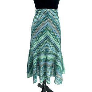 New York Womens Y2K Maxi Slip Skirt L Green Chevron Knit Flare Hem 90s Fairy Vtg